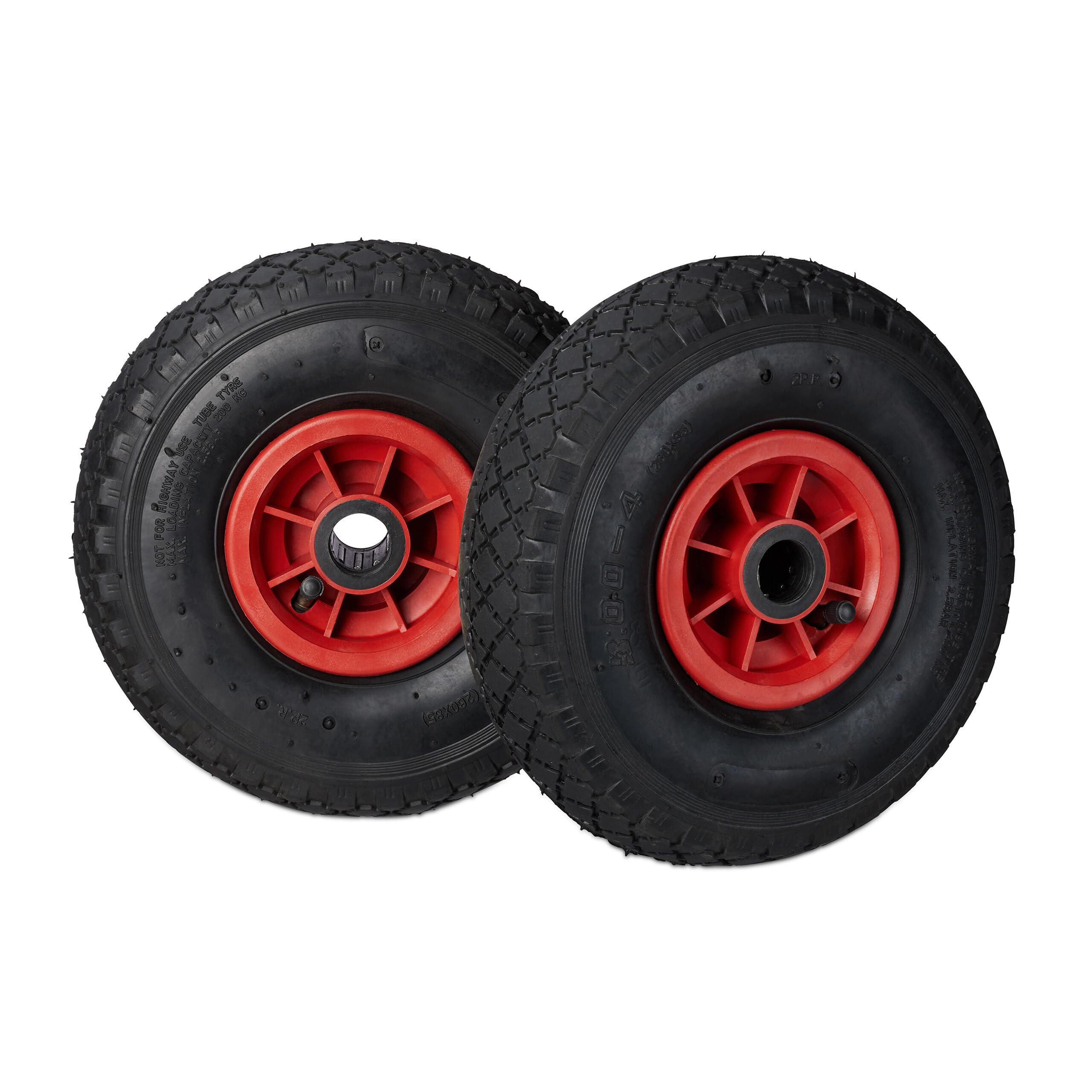 Relaxdays Hand Truck Wheels Set of 2, 3.00-4, Pneumatic Spare Tyres with Plastic Rims, 260x85 mm, Ø 26mm Axis, Black-Red