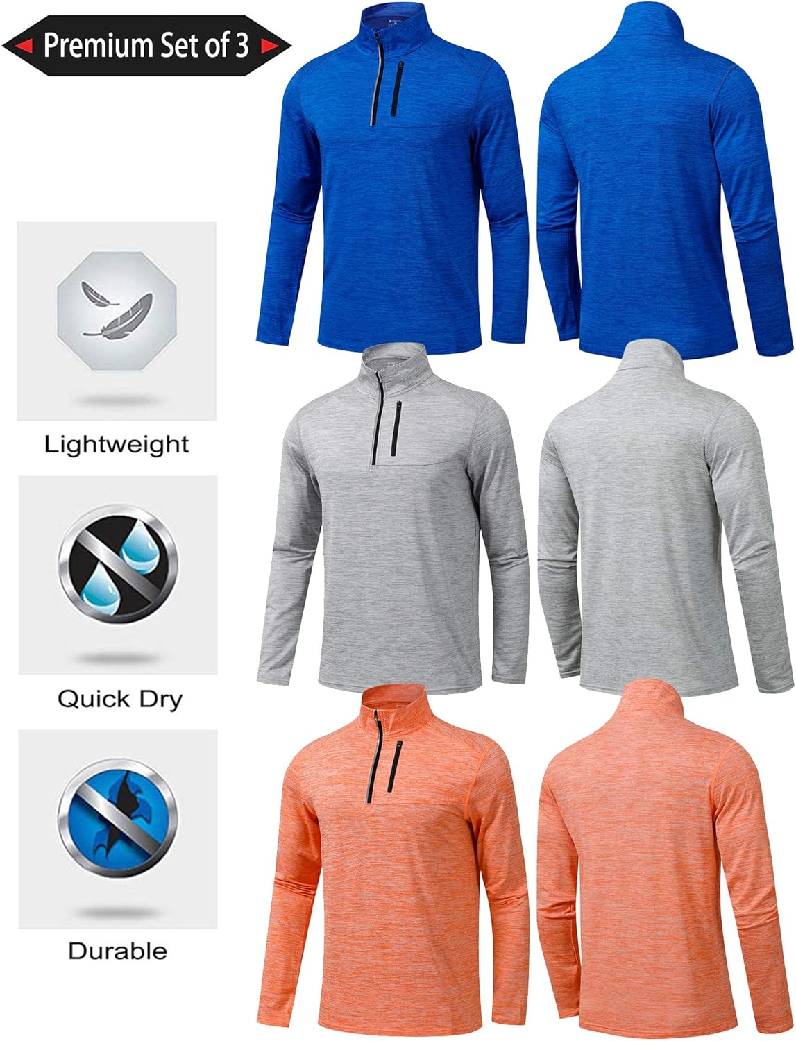 Liberty Imports Pack of 3 Men's Performance Quarter Zip Pullovers with Pockets, Quick Dry Active Long Sleeve Shirts: Clothing