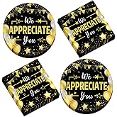 CHUNNIN 50 PCS We Appreciate You Tableware Set Black and Gold Thank You Paper Plate Napkin Employee Appreciation Decor Thank You Teacher Dessert Cake Plate for Doctor Nurse Staff Appreciation Serve 25