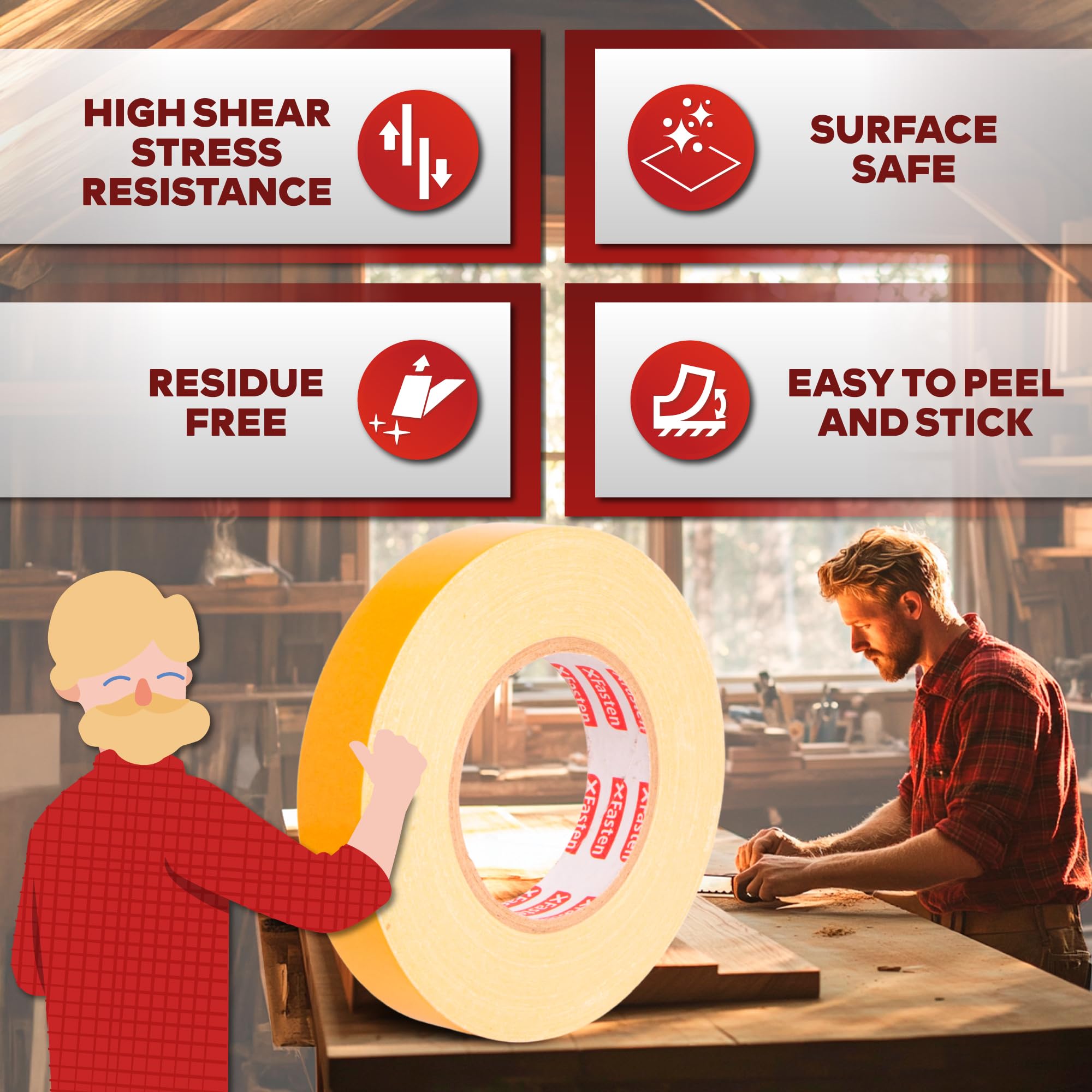 XFasten Double Sided Woodworking Tape 1 Inch x 108 Feet (3-Pack), Residue-Free, Removable Double Sided Woodworking Masking Tape for Wood Template, Mounting Boards MDF Edge Banding, Routing, Anchoring