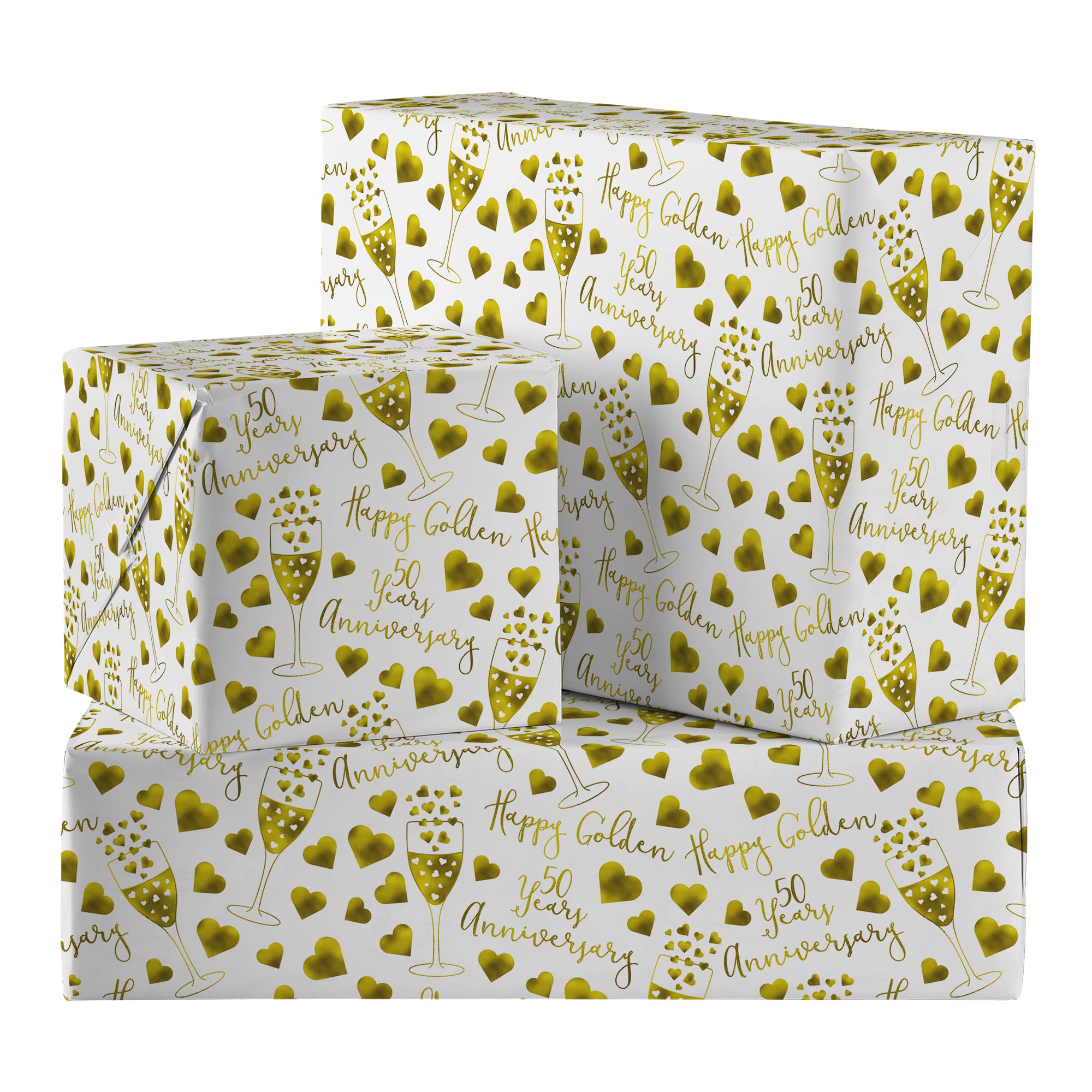Hunts England - 2 Sheets Of 50th Golden Wedding Anniversary Luxury Wrapping Paper - Includes 2 Gift Tags - Iconic Collection - For Husband, Wife, Couple, Friends, etc. - 50 Years