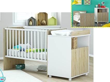 Kinderbett Babybett Jugendbett Bett Wickeltisch Wickelkommode Kommode 'Jocky I' Sonoma Eiche sägerau / Weiß