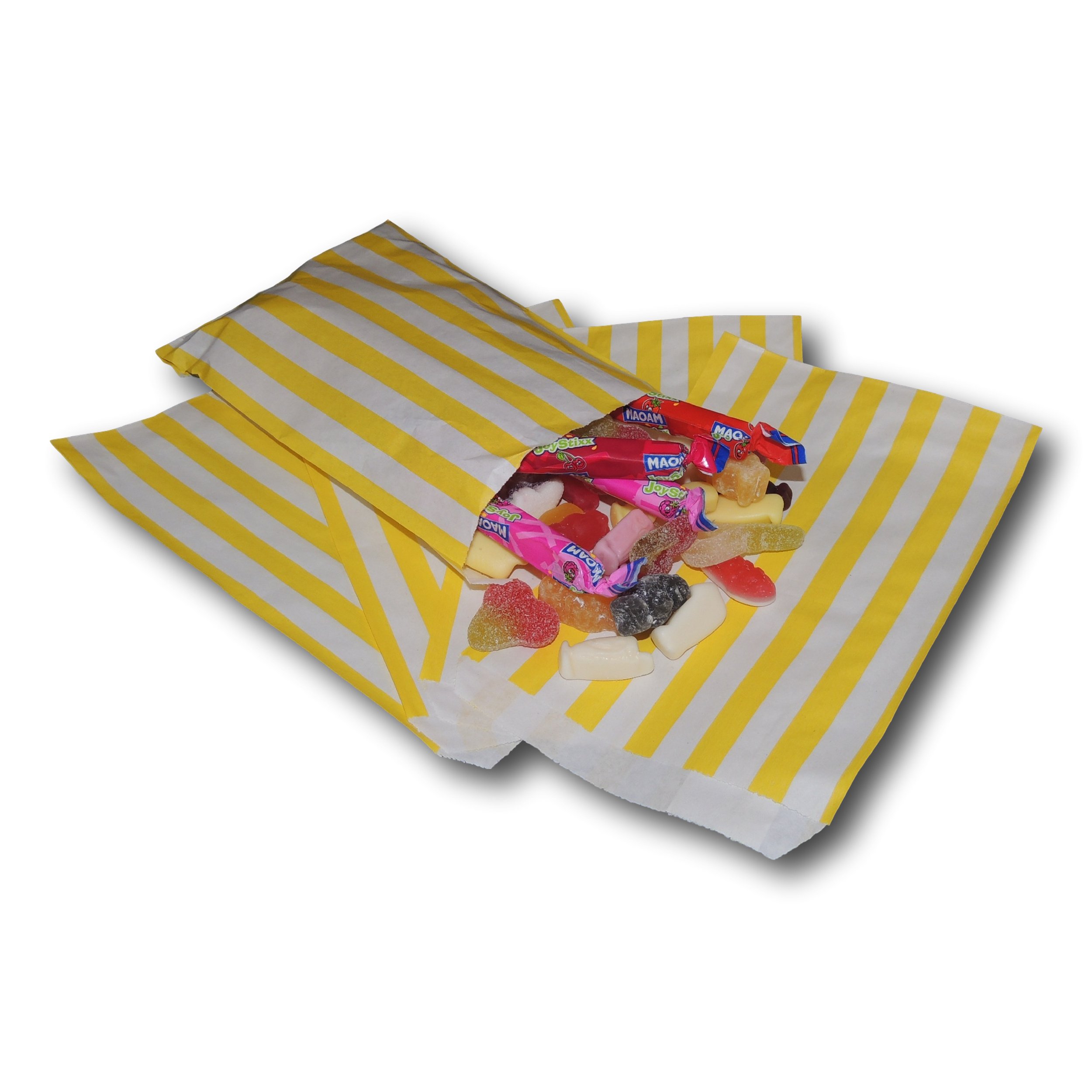 EPOSGEAR® 100 Coloured Candy Stripe Sweet Paper Party Bags - Ideal for Gift Shops, Wedding Favours, Candy Carts, Buffets etc (Yellow, 5" x 7")