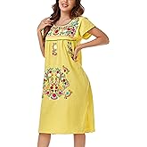 YZXDORWJ Women Mexican Embroidered Long Dress Ruffle Collar Maxi Boho Floral Summer Short Sleeve