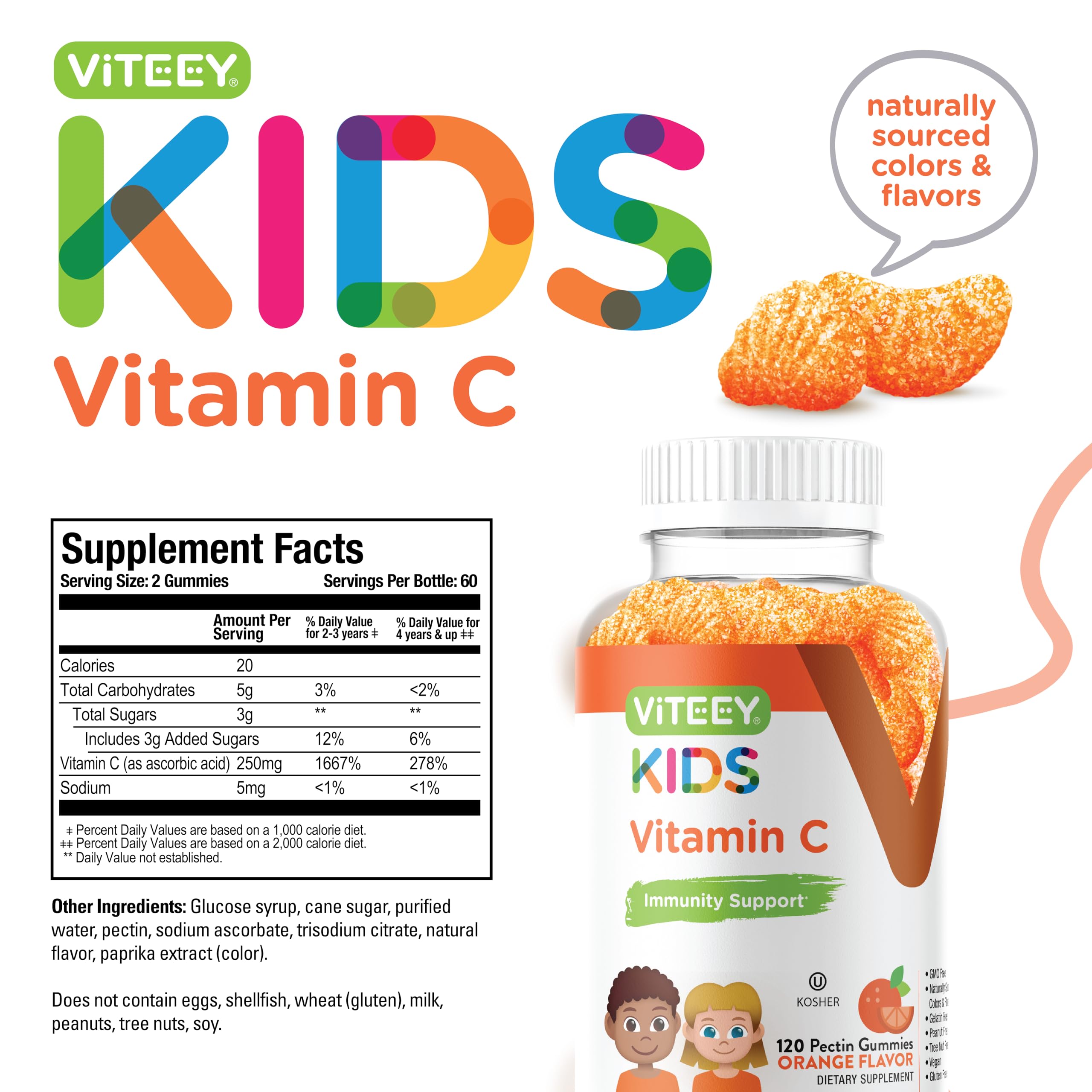 Viteey Kids Vitamin C Gummies - Immune Support for Kids, Toddlers, & Teens - Vegan, Gelatin Free, Gluten Free, GMO Free - Tasty Chewable Orange Flavored Immunity Gummy