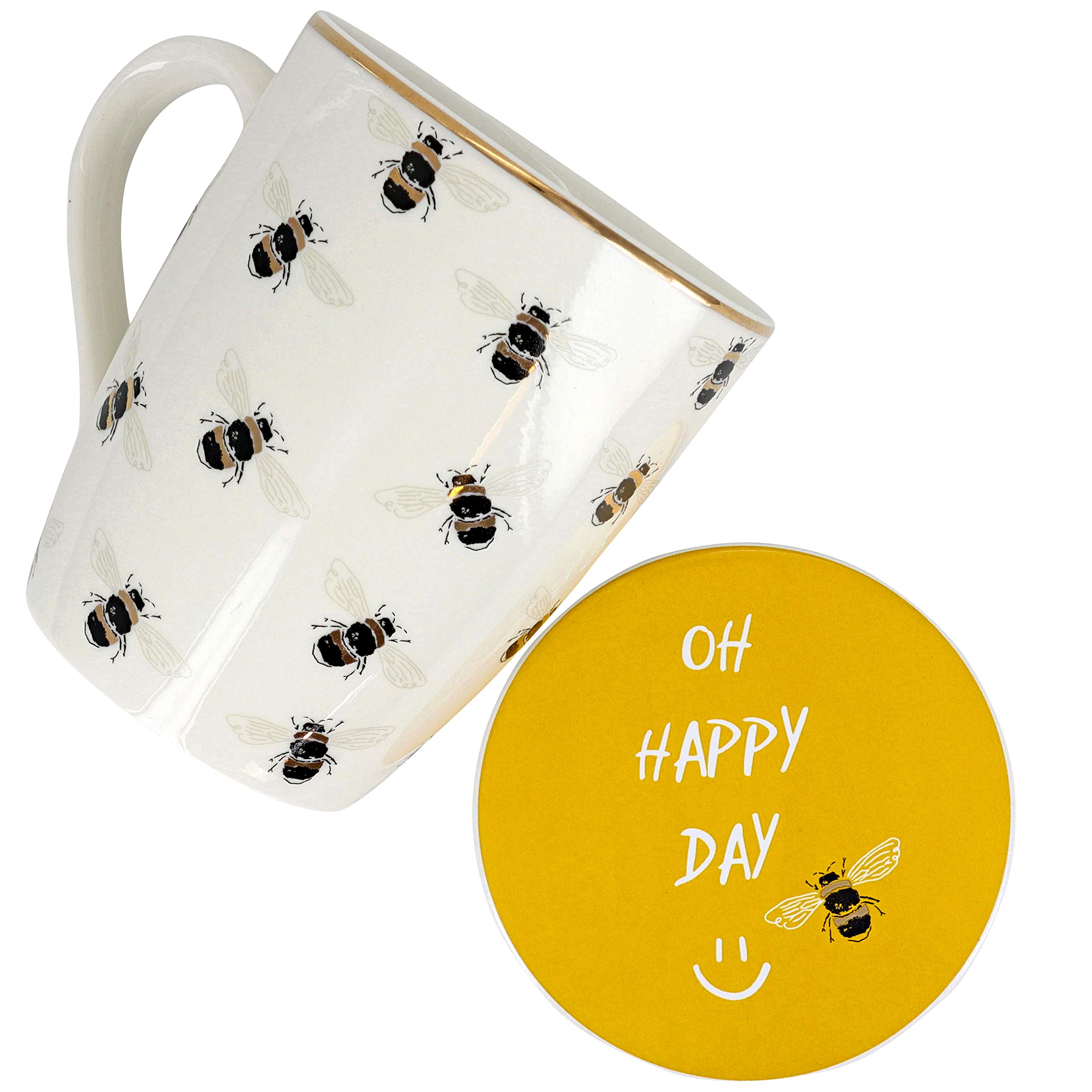G Decor Cream-White and Gold Ceramic Gold Bumble Bees 500ml Tall Extra Large Drinks Mug Cup for Tea or Coffee, Includes a Yellow Matching Coaster in a Gift Box