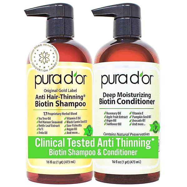 PURA D’OR ANTI-THINNING BIOTIN SHAMPOO & CONDITIONER ORIGINAL GOLD LABEL SET (16OZ X2) – CLINICALLY TESTED FORMULA FOR VOLUME, STRENGTH & THICKER-LOOKING HAIR – HELPS REDUCE BREAKAGE FOR WOMEN & MEN