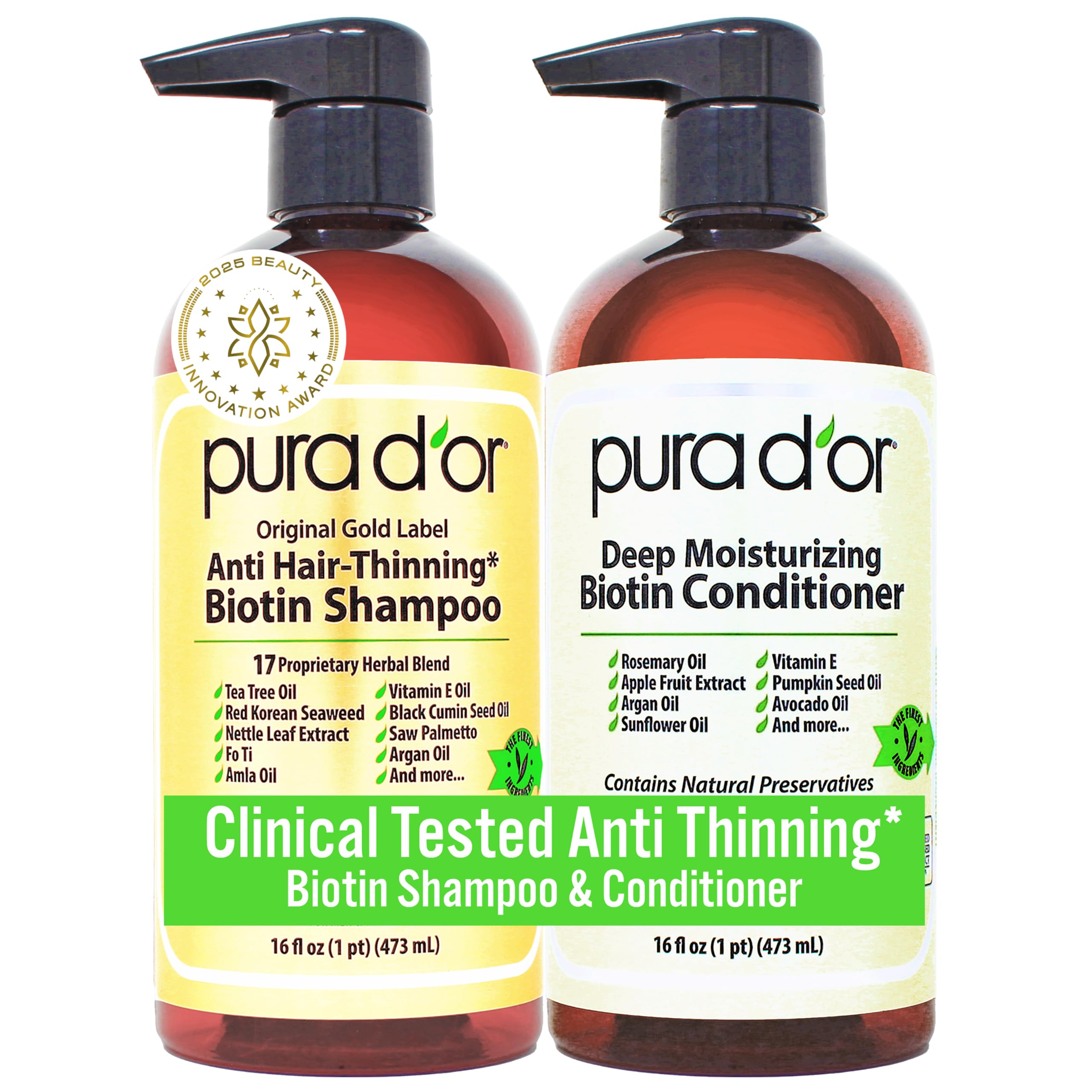 PURA D'OR Gold Label Anti-Thinning Deep Moisturizing Therapy Shampoo & Conditioner Set, Clinically Tested Effective Solution, Infused with Organic & Natural Ingredients for All Hair Types, Men & Women