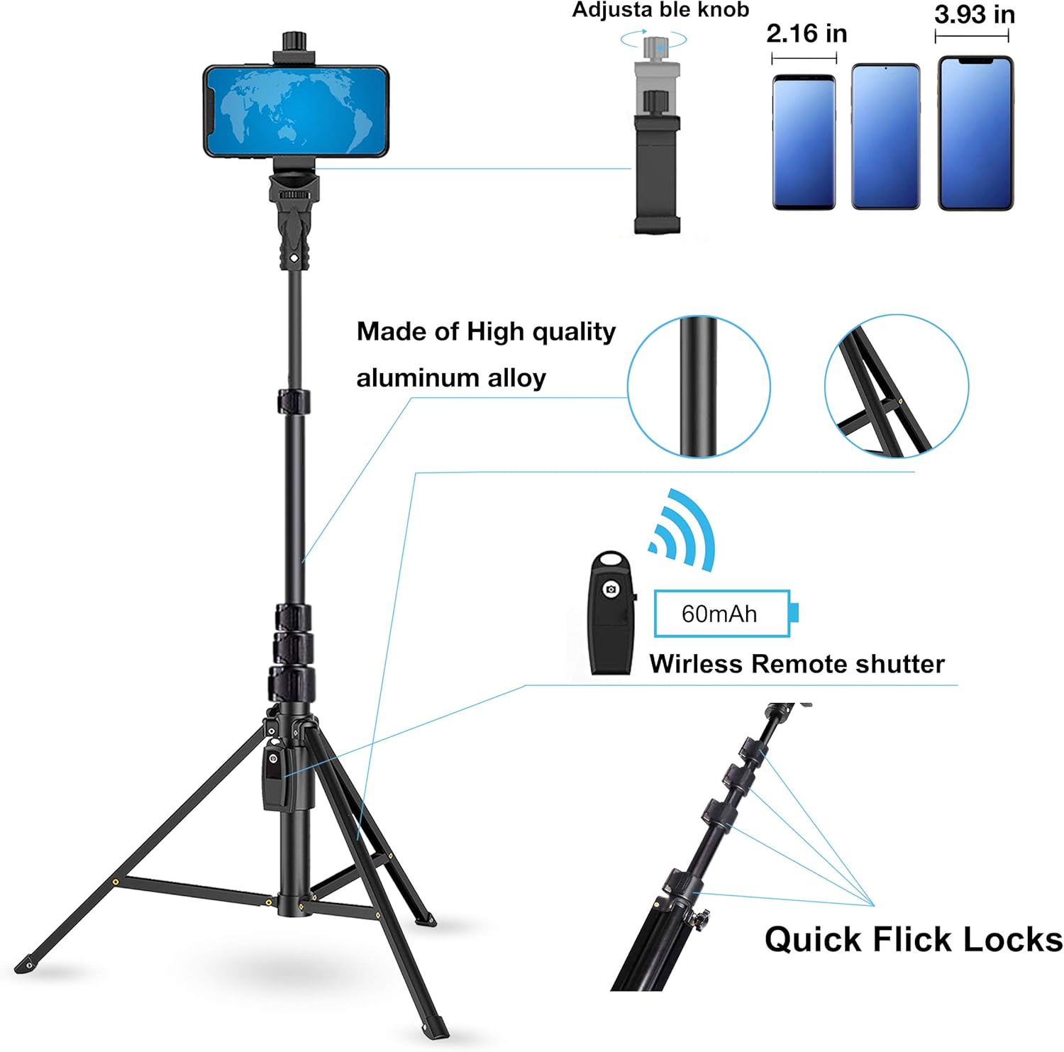 Phone Tripod Stand Selfie Stick 54 Inch Portable Aluminum Alloy with Wireless Remote Shutter for iPhone 12 11 pro Xs Max Xr X 8 7 6 Plus, Android Samsung Galaxy Smartphone Tripod Vlog/Live Stream: Camera & Photo