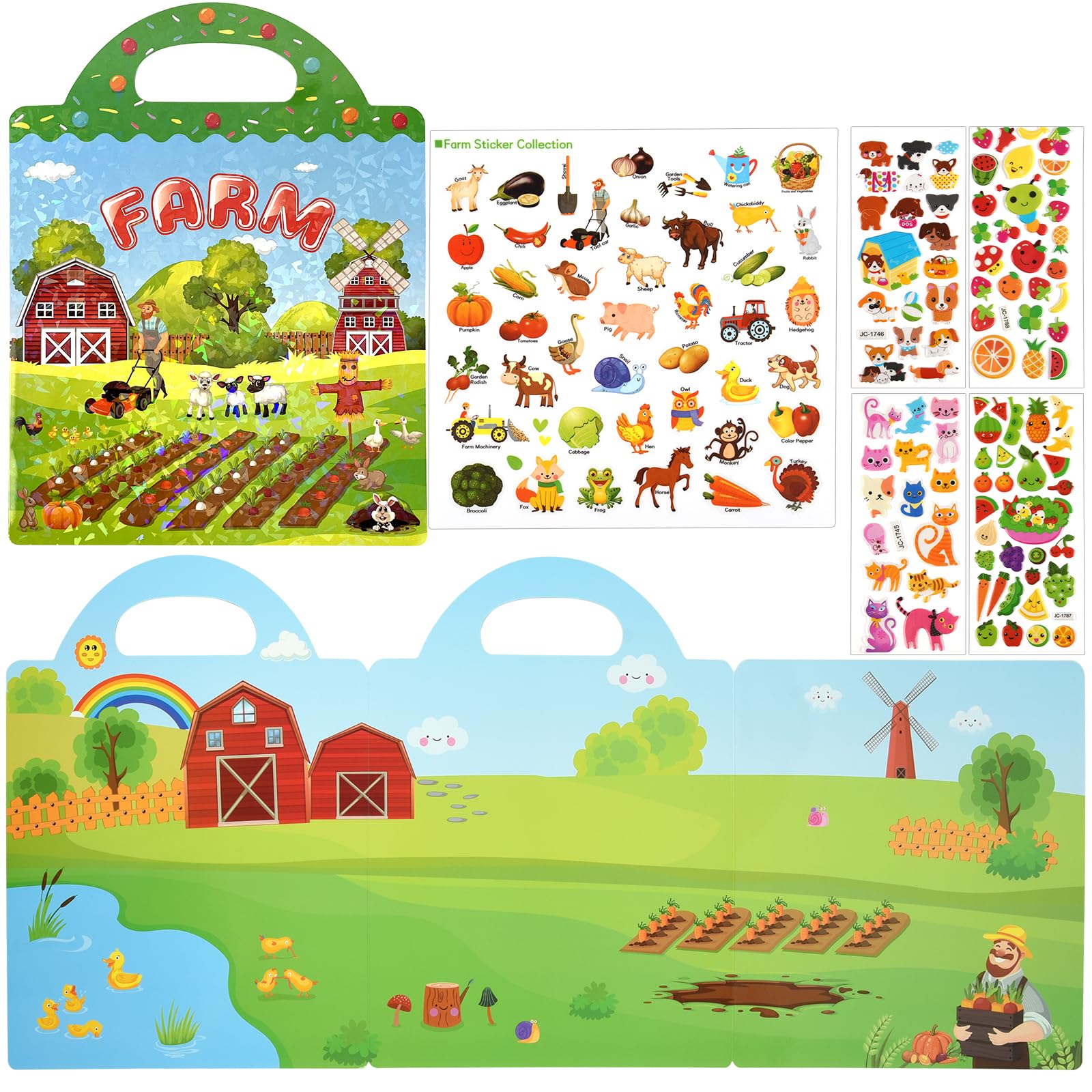 ASTARON Reusable 3D Puffy Sticker Book for Kids 3-6, Cute Waterproof Farm Harvest Stickers 88 Pcs, Puffy Sticker Game Travel Stickers and Educational Sensory Learning Toy Busy Book