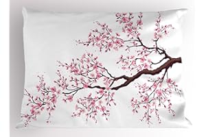 Ambesonne Japanese Pillow Sham, Branch of a Flourishing Sakura Tree Flowers Cherry Blossoms Spring Theme Art, Decorative Standard Queen Size Printed Pillowcase, 30" X 20", Pink Brown