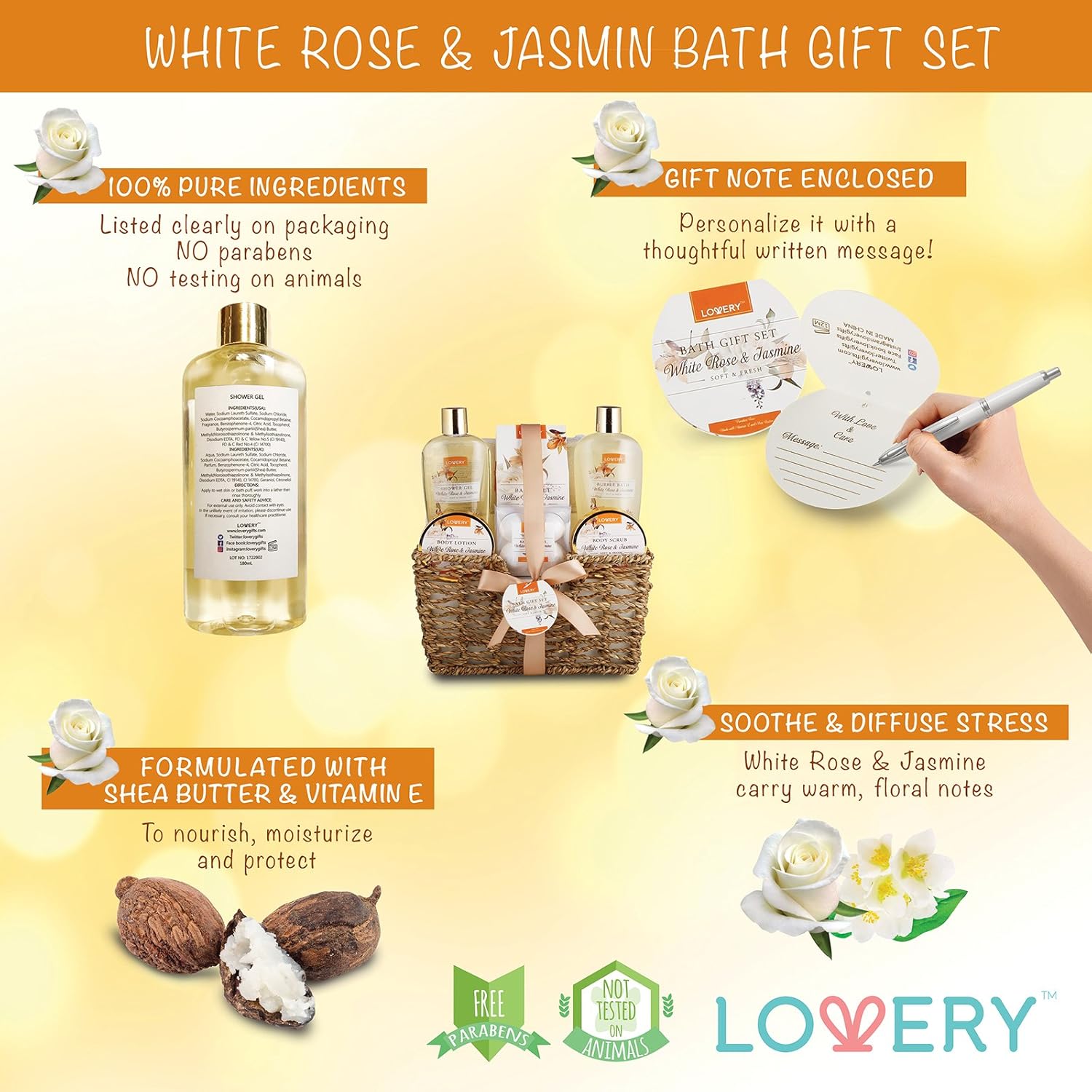 Home Spa Gift Basket - White Rose & Jasmine - Luxury 11 Piece Bath & Body Set for Women, Christmas Gift with Shower Gel, Bubble Bath, Body Lotion, Scrub, Bath Salt, 4 Bath Bombs, Loofah & Basket : Beauty
