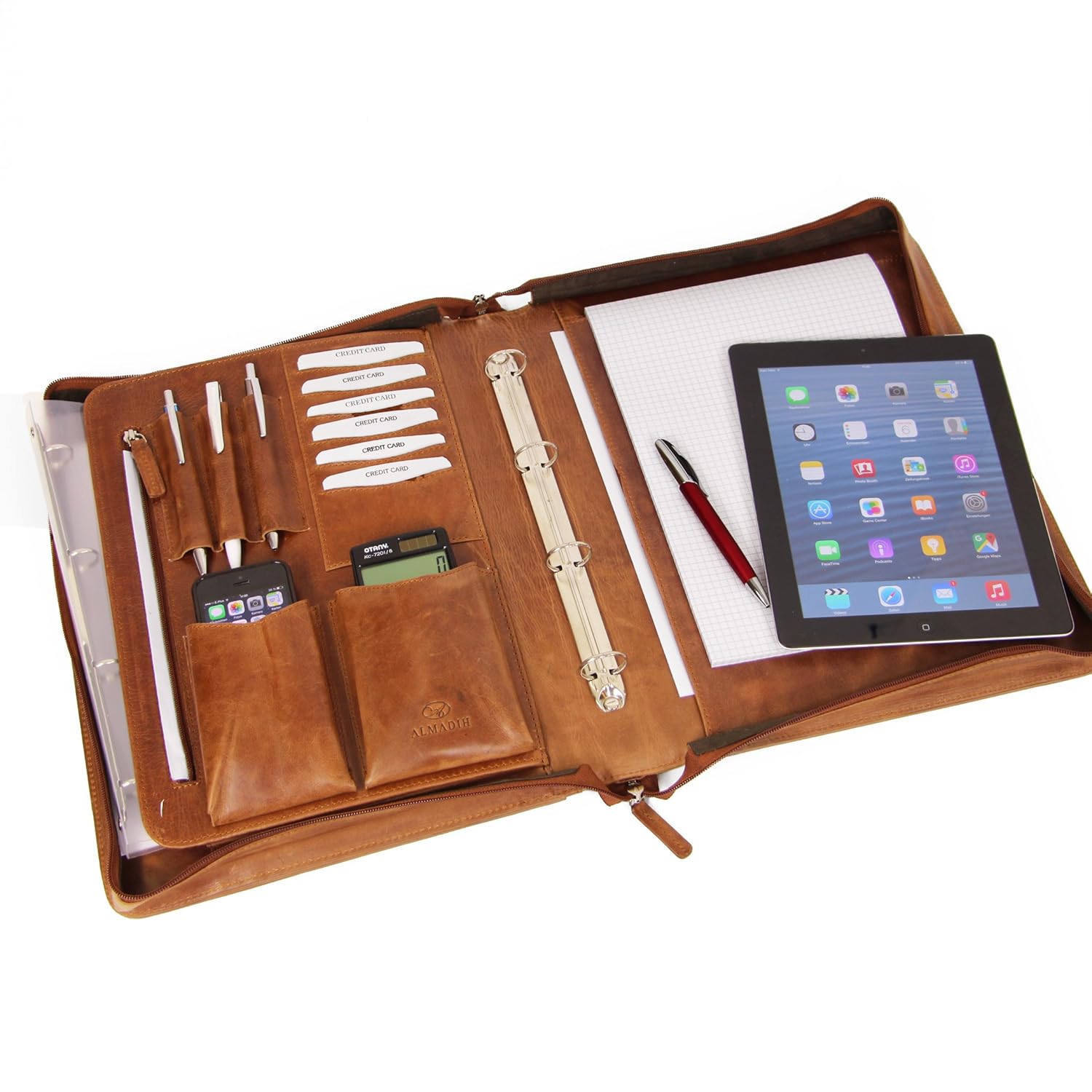 ALMADIH Leather A4 Folder with Handle, Zipper, Rings + Writing Pad made