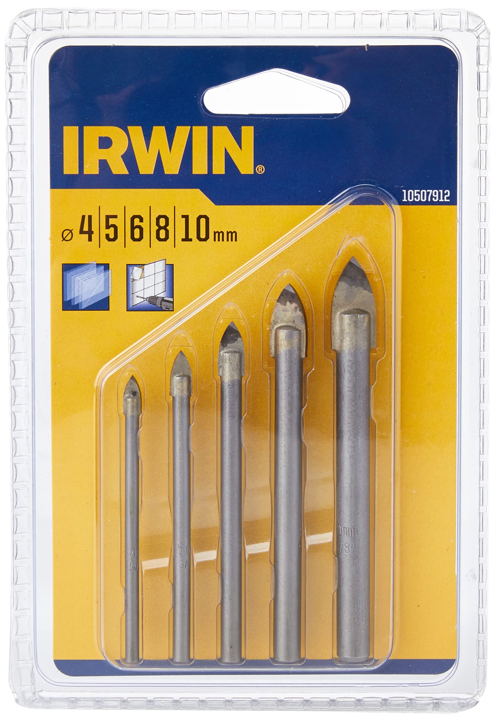 Irwin 10507912 Drill Bit Set for Glass and Tile, 4mm-10mm, 5 Pieces