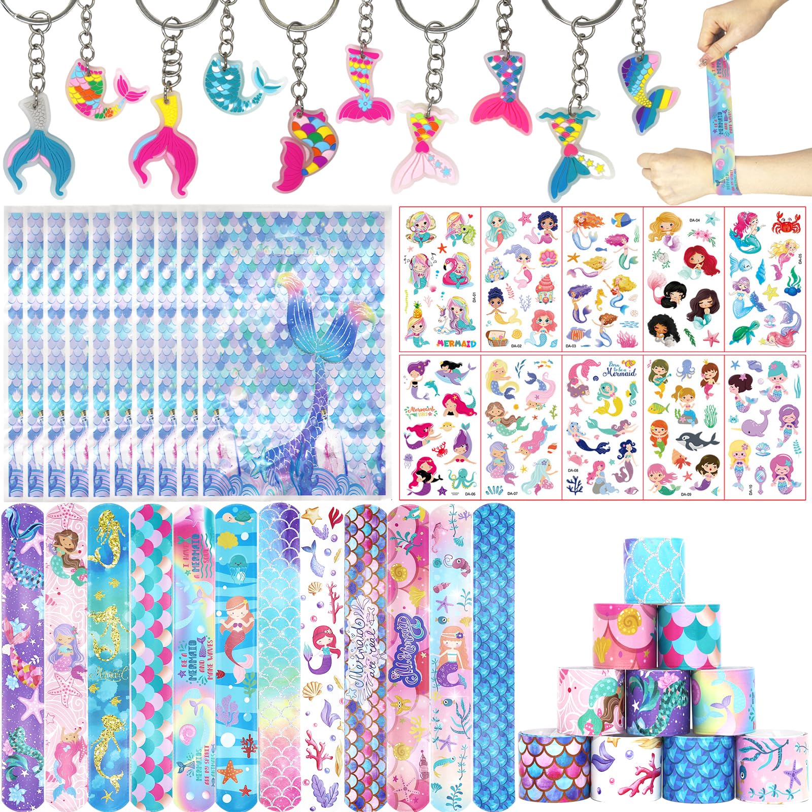 Mermaid Party Bag Fillers for Kids Boys Girls, 42Pcs Mermaid Assorted Toys Pinata Filler with Slap Bands Gift Bags Stickers Keychains Trick & Treat Goody Bag Fillers for Christmas Party