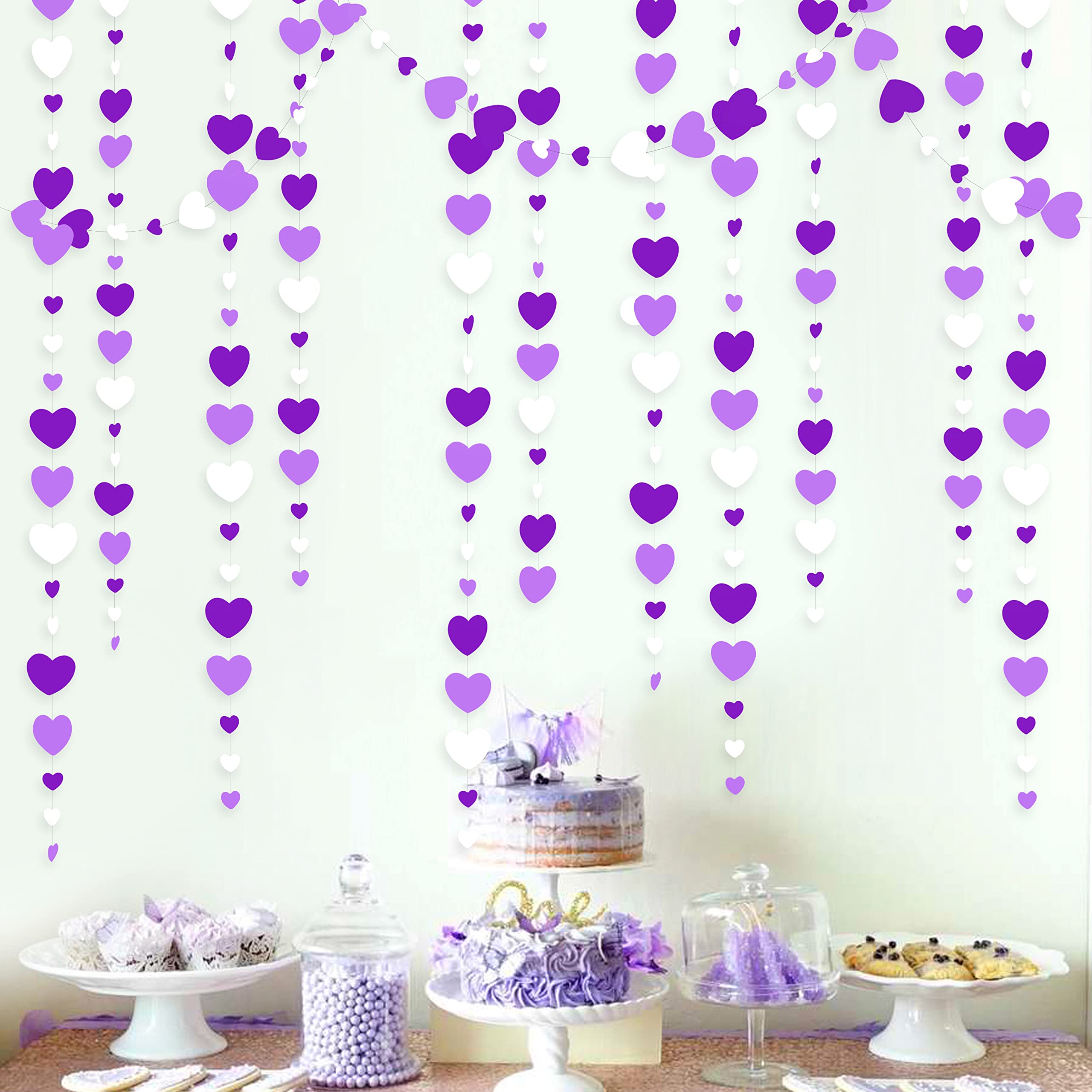52Ft Purple White Love Heart Garland Lavender Hanging Paper Streamer Banner for Anniversary Mother's Day Birthday Engagement Wedding Baby Bridal Shower Queen Platinum Jubilee Decorations 2023 Supplies