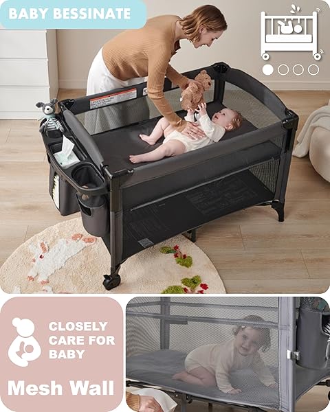 AIRCLUB 4 IN 1 BABY BASSINET BEDSIDE SLEEPER, 4 FUNCTIONS CRIB, PLAYARD, PORTABLE CHANGING TABLE, BASSINET FOR NEWBORN BABY, BEDSAIDE BED W/WHEELS&BRAKES