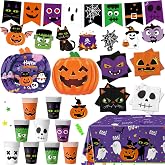 74 PCS Halloween Party Supplies Pumpkin Shaped Disposable Plates, Napkins, Cups, Banner, Tablecloth for Halloween Birthday Baby Shower Decorations, Serves 24