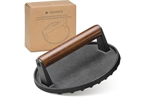 Navaris Cast Iron Round Burger Smasher - Food Grade Smash Burger Press with Wooden Handle - Grill BBQ Meat Patty Maker - Chef