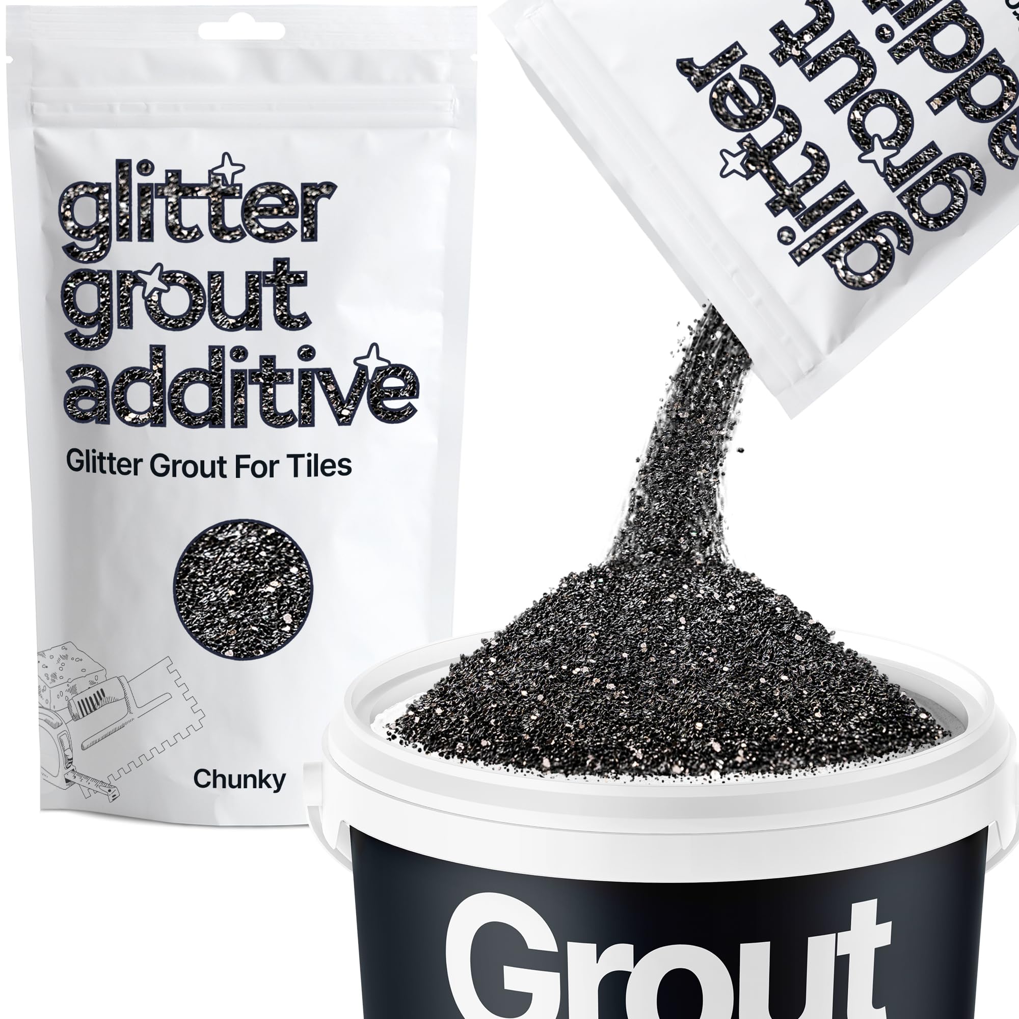 Hemway Black Glitter Grout Additive Chunky 100g Metallic Flakes for Adding Sparkle to Kitchen & Bathroom Tiles | Enhance Your Indoor Grouting Projects with a Durable Sparkly Effect