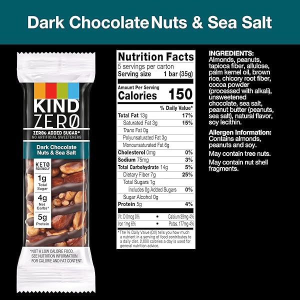KIND ZERO ADDED SUGAR HEALTHY SNACKS BARS, DARK CHOCOLATE NUTS & SEA SALT, GLUTEN FREE, HIGH FIBER, KETO SNACKS, 5G PROTEIN, 5 COUNT
