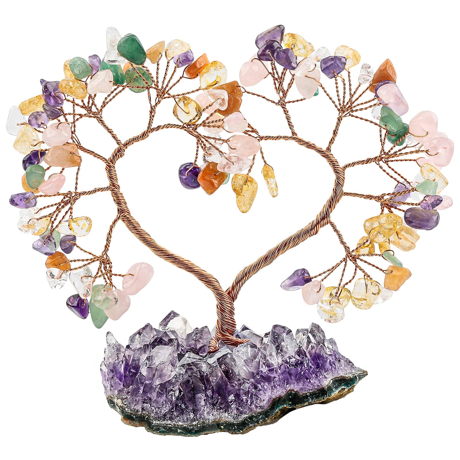 mookaitedecor Clear Quartz/Rock Crystal Love Heart Crystal Tree with Amethyst Cluster Crystal Base, Healing Semi Precious Stone Money Tree Feng Shui Ornaments for Wealth Luck Wedding Desk Decor