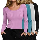 Yearntown 4 Pack Women’s Underscrub Shirts, Ribbed Cotton Scrub Tops Long Sleeve Scoop Neck Tees Slim Fit Basic Layer Shirts