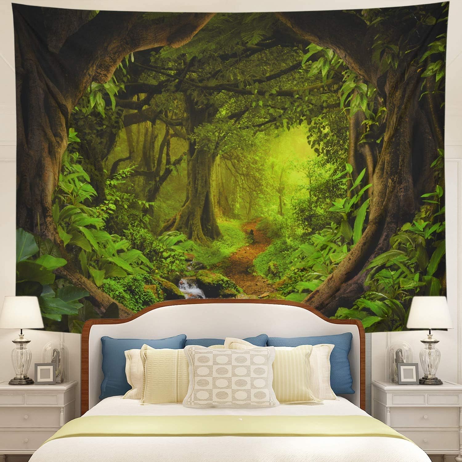 Tapestries - Tushelia Forest Tapestry Nature Tree Cave Tapestry Wall Hanging Misty Forest Tapestry Stream Through Rainforest Tapestry Landscape Wall Tapestry Jungle Creek Psychedelic Tapestry for Living Room