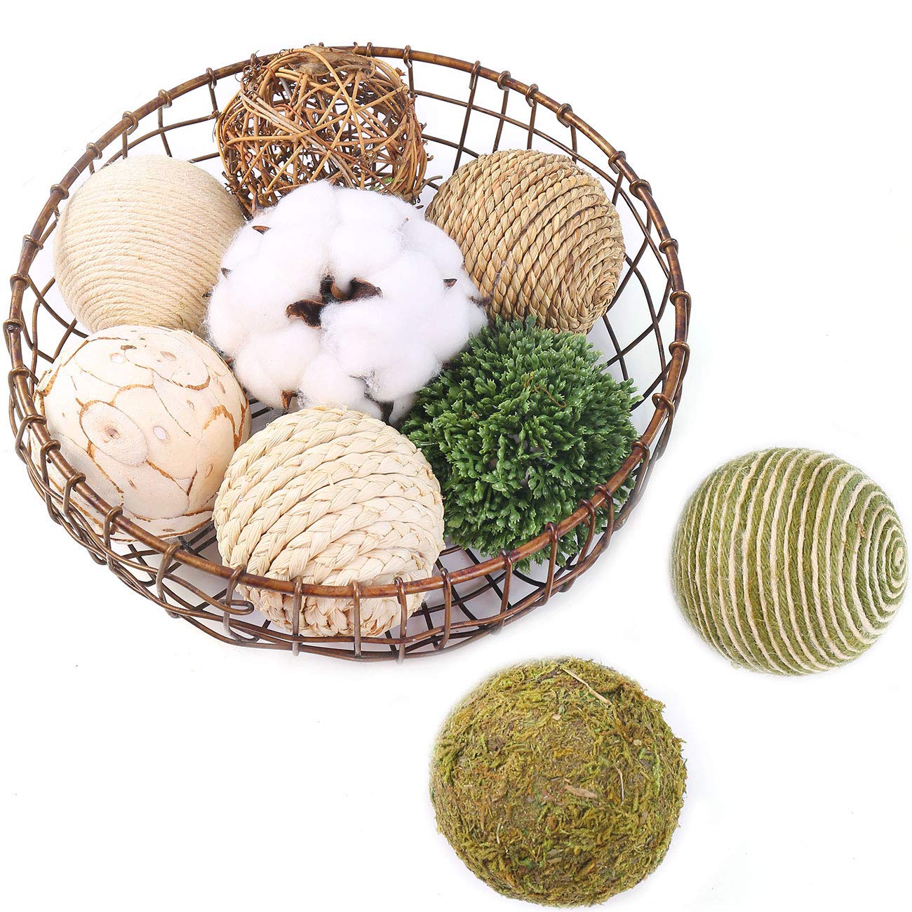 CIR OASES multi-material tri-color decorative ball 9 balls, natural rattan weaving ball, cotton ball, used for vase bowl filling, table decoration (green)