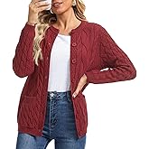 VIISHOW Women Cable Knit Cardigan Sweater Crew Neck Button up Cardigan with Pocket Sweater Coat for Fall and Winter