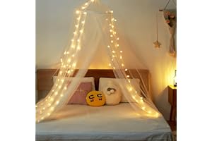 Twinkle Star Bed Canopy with 100 LED Star String Lights Battery Operated, Elegant Dome Bed Netting Canopy Curtains Canopy for Single to King Size Beds, Home &Travel Use, White