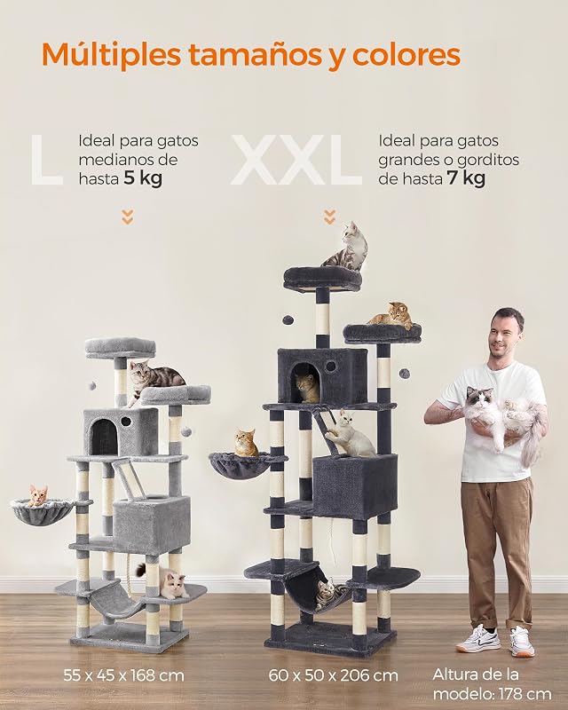 Rascador para Gatos Grandes, 203,5 cm de Altura, Multinivel