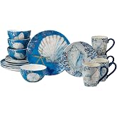 Playa Shells 16-Piece Coastal Dinnerware Set Service for 4 &ndash; Ceramic Plates, Bowls &amp; Mugs with Beach Shell Art &ndash; Great for Everyday Dining, Entertaining, Beach House, or Nautical D&eacute;cor