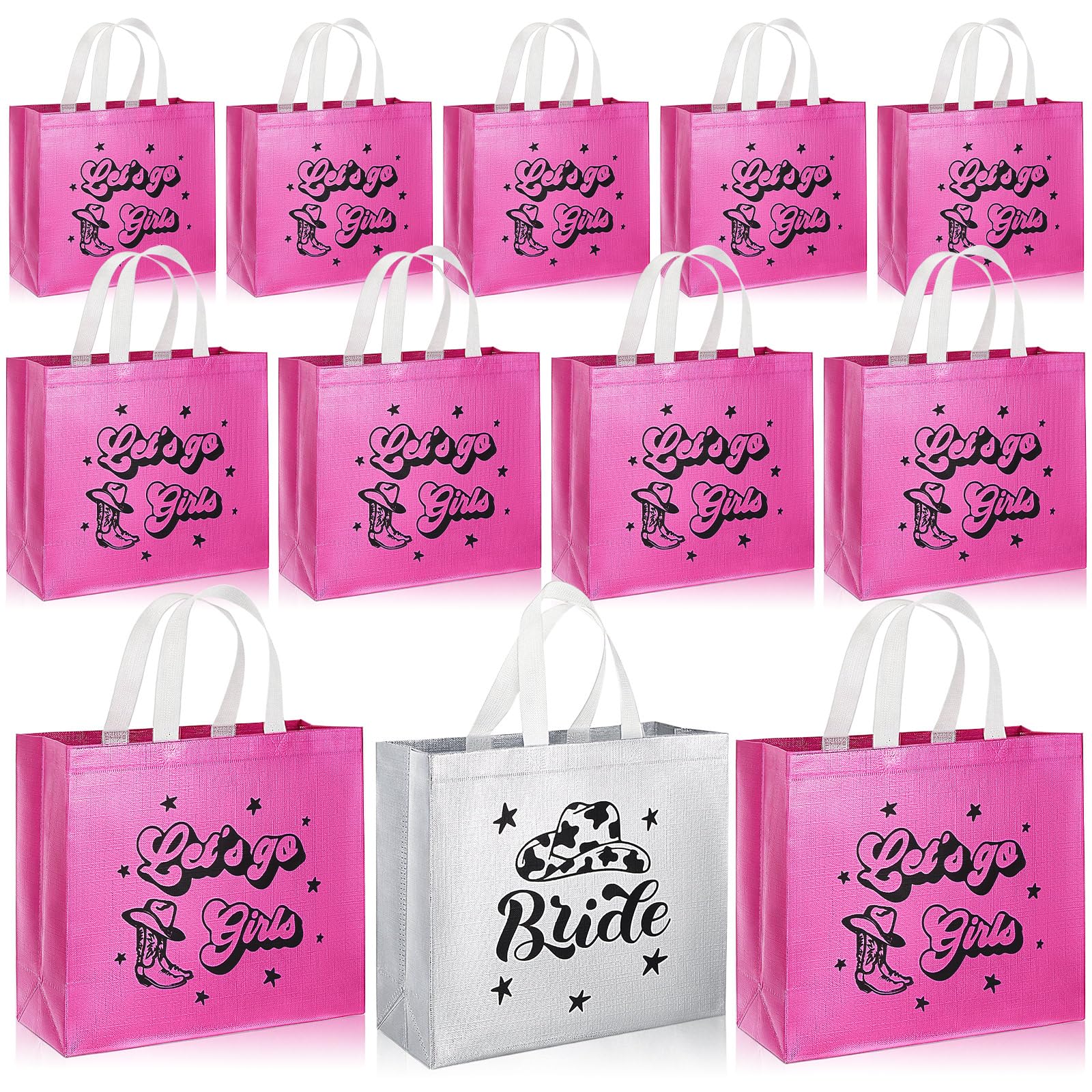 Photo 1 of Sunnymove 12 Pcs Cowgirl Bachelorette Party Gift Bags Let's Go Girls Bridesmaid Tote Bags with Handles Reusable Pink Western Cowgirl Party Favor for Wedding Bridal Shower Last Rodeo 12.5 x 11 x 5 Inch