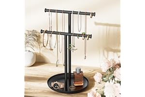 Jasopaco Necklace Rack Stand with Storage Tray - 2 Rods T-Shaped Jewelry Holder Stand for Bracelets, Earrings, Rings | Elegan