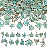 PH PandaHall 64Pcs 16 Styles Ocean Theme Charm Sea Life Charms Bulk Antique Bronze Turquoise Color Ocean Animal Vintage Fish Charms for DIY Jewelry Making Charms Necklace Bracelet Earring
