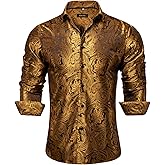 DiBanGu Men's Silk Paisley Dress Shirt Formal Long Sleeve Button-Down Casual Shirts for Wedding Party