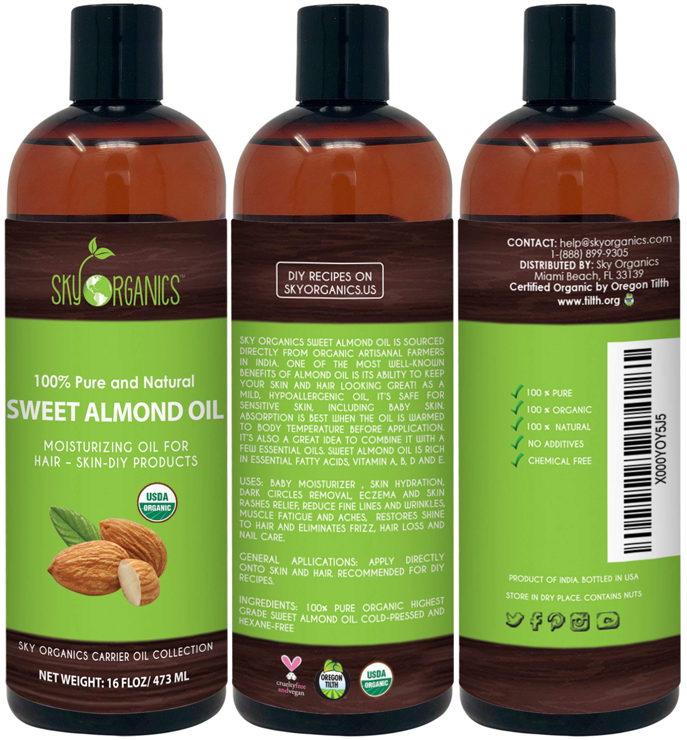 Sweet Almond Oil by Sky Organics (16oz Large Bottle) 100 Pure, ColdPressed, Organic Almond Oil