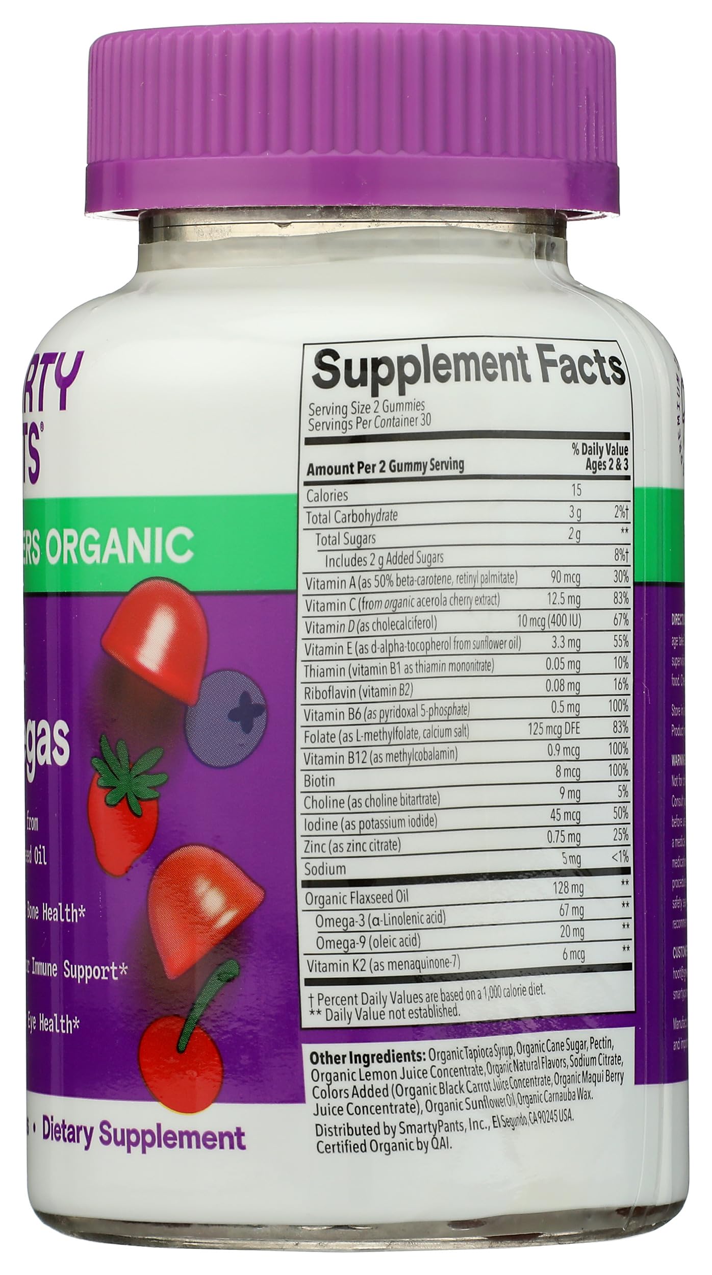 SmartyPants Organic Toddler Multivitamin Gummies: Probiotics, Omega 3 (ALA), Vitamin D3, C, Vitamin B12, B6, A, K & Zinc, Beta Carotene, Gluten Free, Three Fruit Flavors, 60 Count (30 Day Supply)