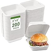 Clamshell Take Out Food Container 200 Pack, 6X6 inch Disposable To Go Boxes, Square Hinged Container for Food, Lunch, Dinner,