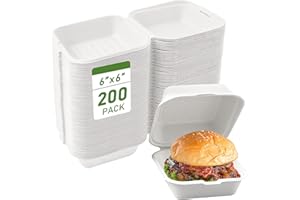 Clamshell Take Out Food Container 200 Pack, 6X6 inch Disposable To Go Boxes, Square Hinged Container for Food, Lunch, Dinner,