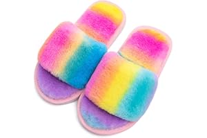 techcity Boys Girls Fuzzy House Slippers Cute Comfy Faux Fur Slip On Fluffy Plush Open Toe Home Slides for Kids Indoor Outdoor Warm Shoes