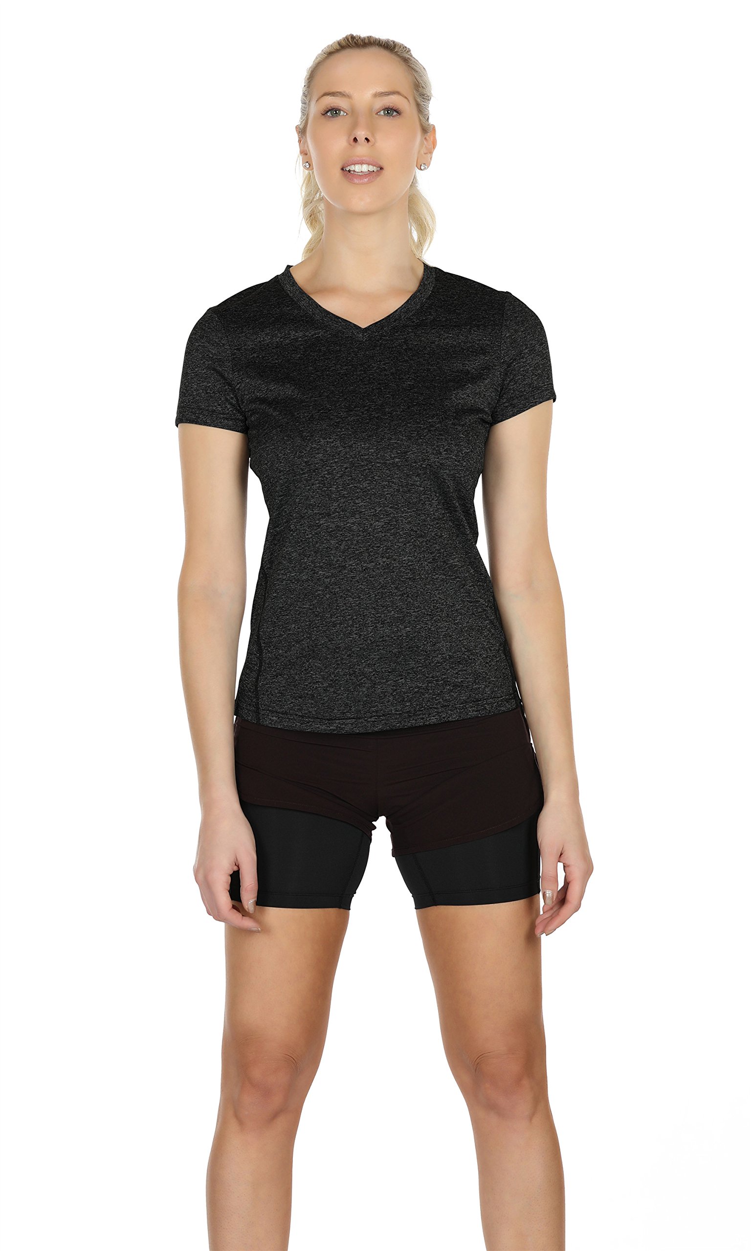 icyZone Workout Shirts Yoga Tops Activewear V-Neck T-shirts for Women Running Fitness Sports Short Sleeve Tees (L, Black Heather)
