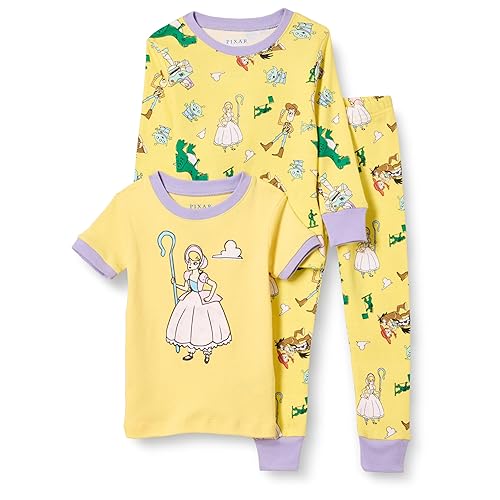 Amazon Essentials Disney | Marvel | Star Wars | Princess Girls' Snug-Fit Cotton Pajamas, Pack of 3, 3-piece Toy Story Bo Peep Set, 6-7