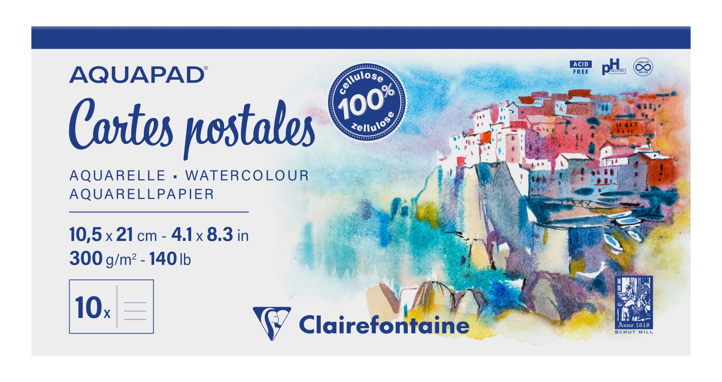 Clairefontaine 975955C - One Aquapad Postcard Pad - 20 Sheets of Medium-Grain White Watercolour Paper 10.5x21 cm 300g - Ideal for Globetrotting Artists