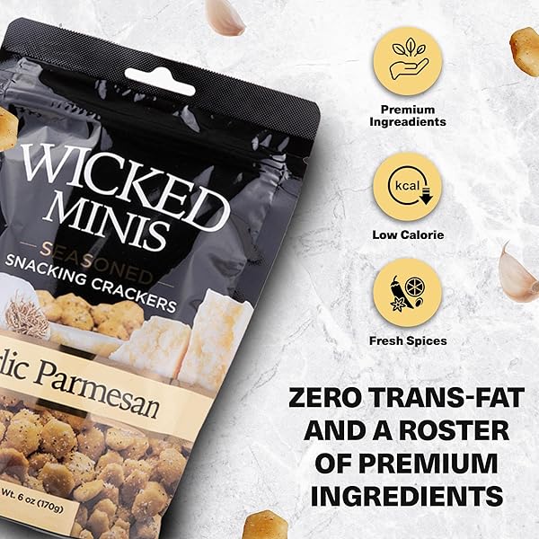 WICKED MINIS SOUP & OYSTER CRACKERS – SALTINE CRACKERS SALTED FLAVORED MINI PUFFED SOUP CRACKERS, SAVORY SNACKING MIX, SEASONED CROUTONS SALAD TOPPERS, CRACKERS FOR CHILI 6OZ (GARLIC PARMESAN)