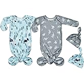 Terriboo Newborn Baby Boy Long Sleeve Sleeper Gown with Mittens Knotted Gown Coming Home Outfit Nightgown Hat Set 2 Pieces