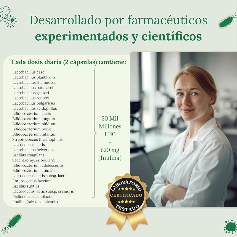 Probióticos y Prebióticos Intestinales con 25 Cepas Bacterianas + Inulina, 180 Cápsulas - 60 Mil Millones de UFC: Flora Intestinal Completa - Lactobacillus, Bifidobacterium, Máxima Concentración