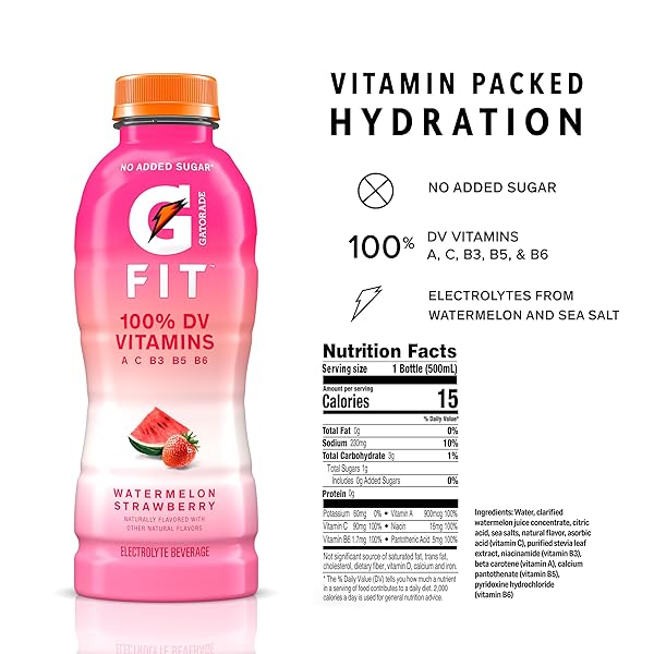 GATORADE FIT ELECTROLYTE BEVERAGE, HEALTHY REAL HYDRATION, WATERMELON STRAWBERRY, 16.9.OZ BOTTLES (12 PACK)