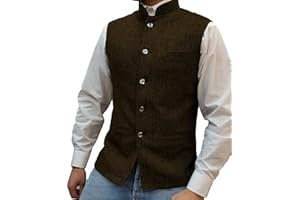 Tuikayoo Mens Herringbone Wool Vests Suit Business Tweed High Collar Waistcoats Slim Fit